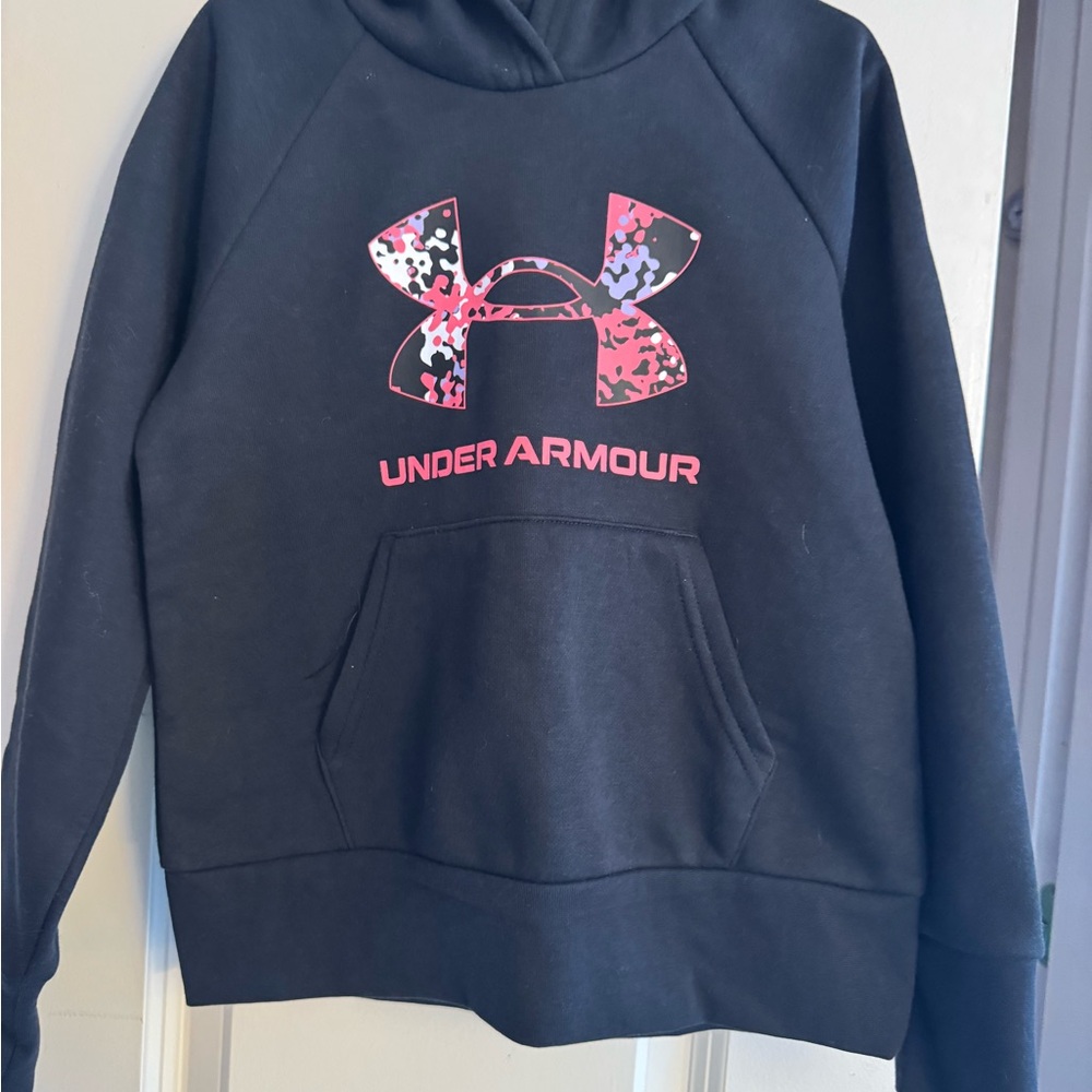 Under Armour Black Hoodie with Pink & Purple Camo Logo- brand new! Youth Small